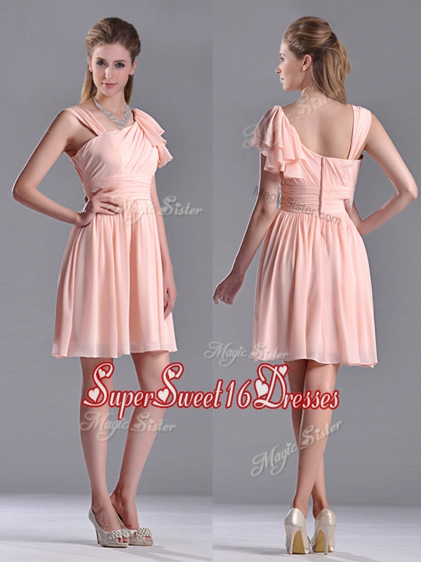 Cheap Empire Ruched Peach Dama Dress with Asymmetrical Neckline