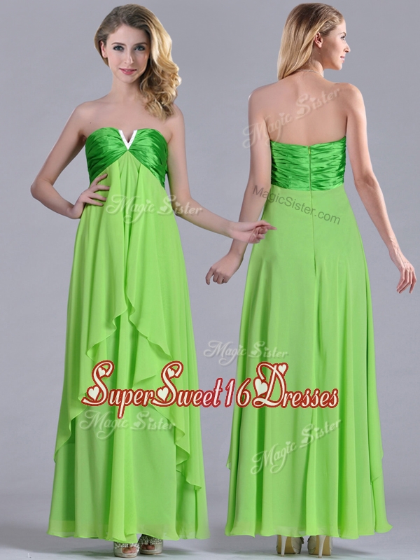 Cheap Beaded Decorated V Neck Spring Green Dama Dress in Ankle Length