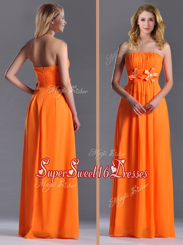 Cheap Strapless Ruching Chiffon Long Dama Dress in Orange