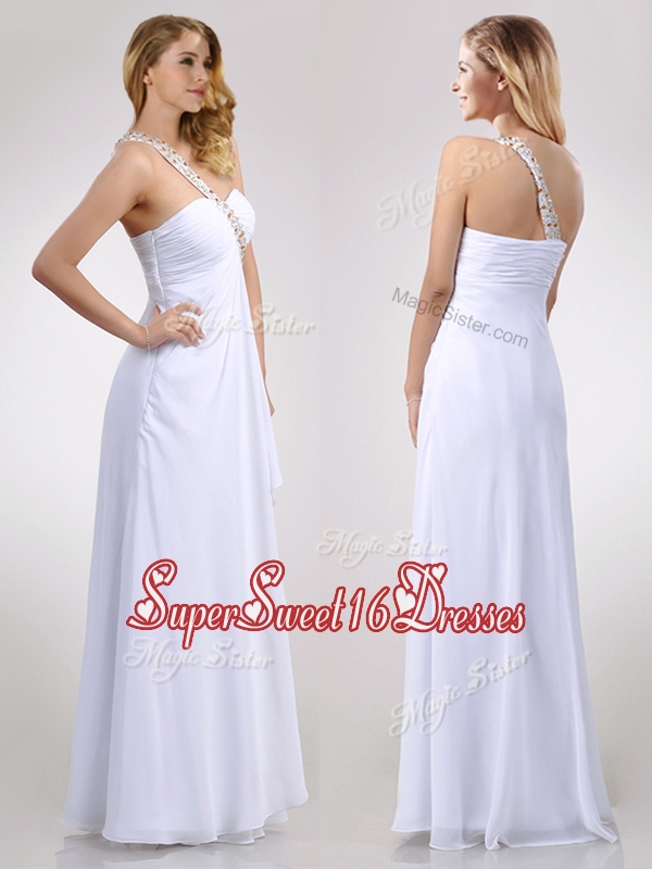 New Style Empire Chiffon Beaded Side Zipper White Dama Dress with One Shoulder