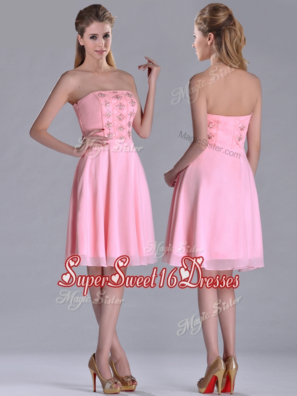 New Style Side Zipper Strapless Pink Short Dama Dress with Beaded Bodice
