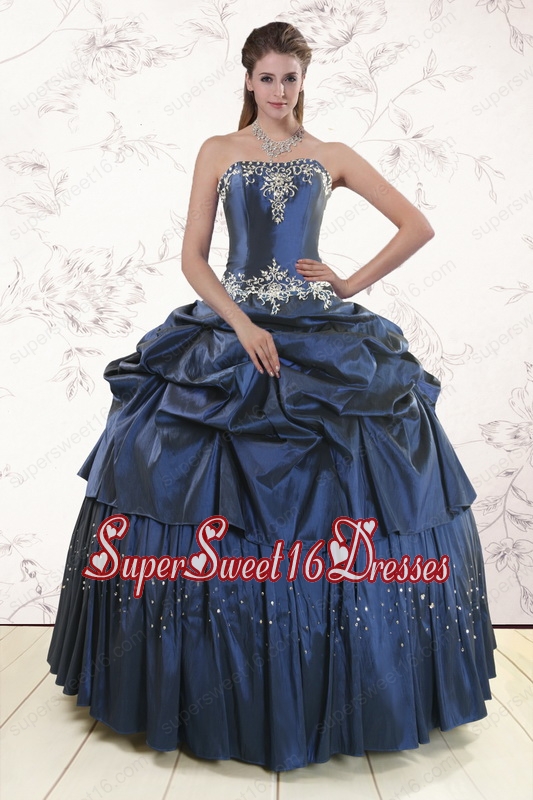 In Stock and Embroidery and Pick Ups Cheap Quinceanera Dress in Navy Blue