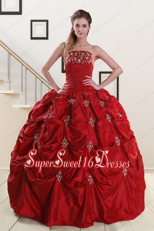 Pretty Strapless Appliques Wine Red Quinceanera Dresses for 2015