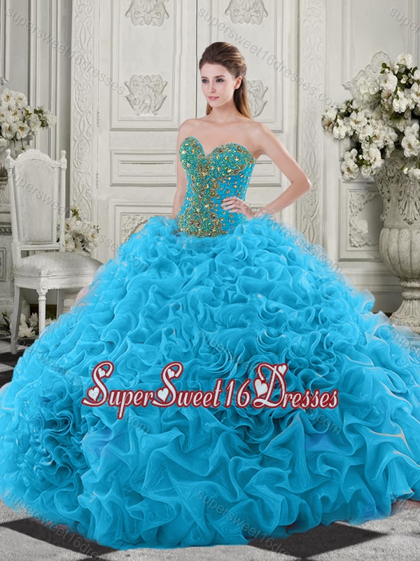 Latest Beaded and Ruffled Baby Blue 15th Birthday Party Dress with Chapel Train