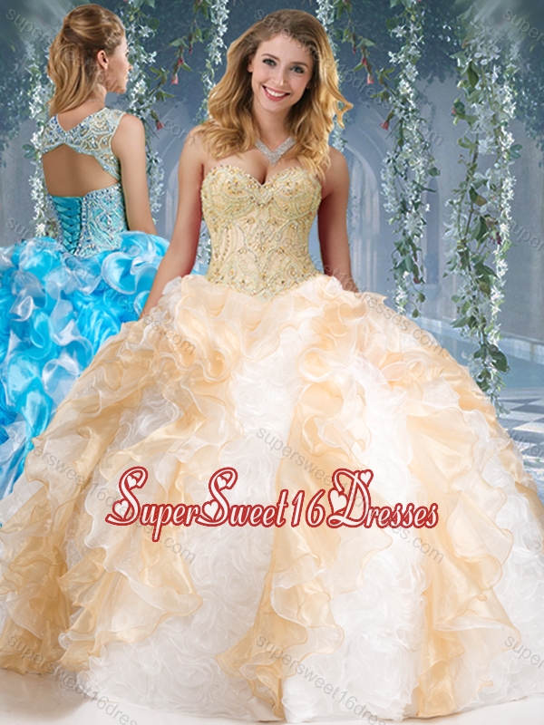 Fashionable Organza and Rolling Flowers Big Puffy 15th Birthday Party Dress in Champagne and White