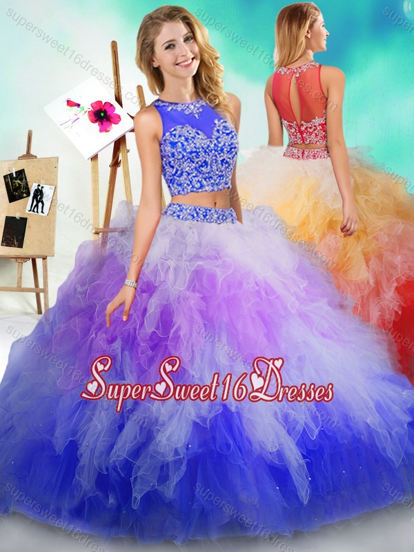 Cheap See Through Beaded and Ruffled Sweet Sixteen Dress in Rainbow Colored