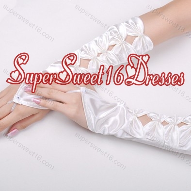 Unique Satin Fingerless Elbow Length Bridal Gloves With Butterfly Shaped Flowers