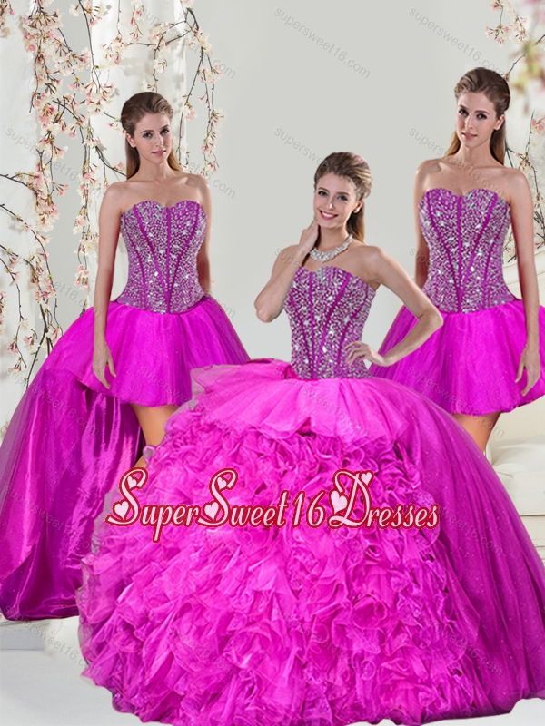 2015 Spring Detachable Hot Pink Quinceanera Dress Skirts with Beading and Ruffles