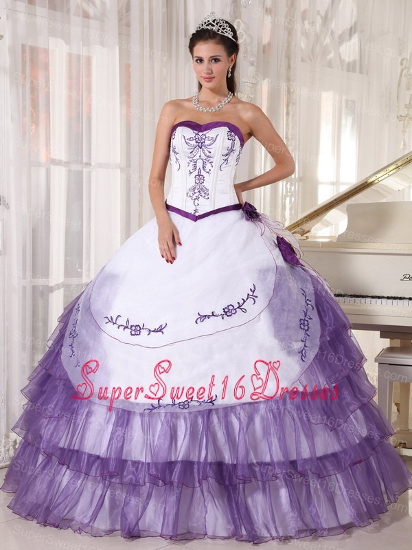 Affordable White and Purple Sweet 16 Dress Sweetheart Satin and Organza Embroidery Ball Gown