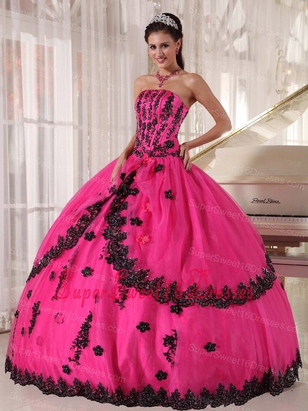 Perfect Hot Pink Sweet 16 Quinceanera Dress Strapless Appliques Ball Gown