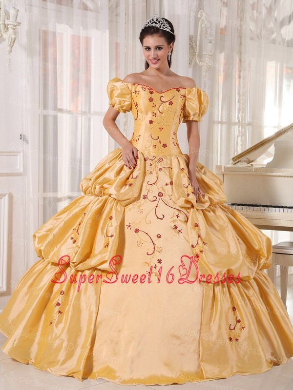 Populor Gold Sweet 16 Dress Off The Shoulder Taffeta Embroidery Ball Gown