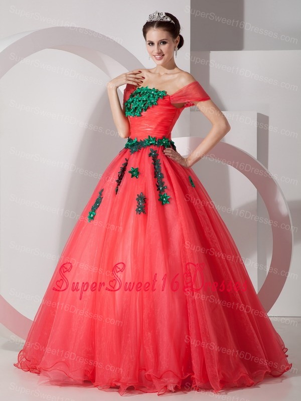 Pretty Coral Red Princess Off The Shoulder Prom Dress Organza Appliques