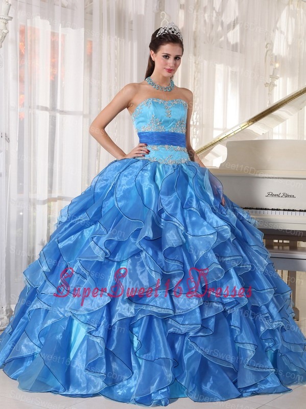 Organza Appliques Sweet 16 Quinceanera Dress Blue Strapless Ruffles Sashed