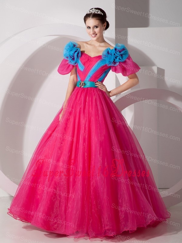 Beautiful Hot Pink Off The Shoulder Sweet 16 Dress Hand Made Flowers