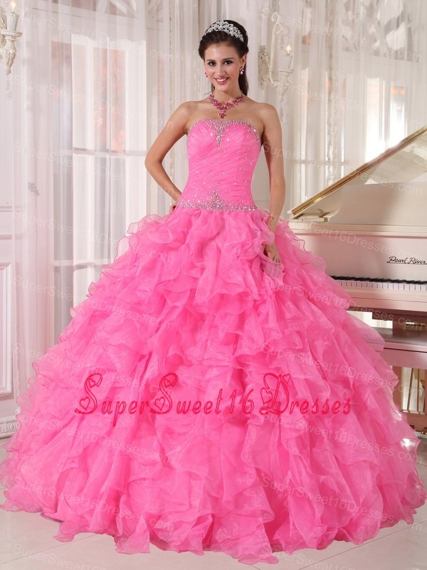 Inexpensive Rose Pink Sweet 16 Dress Strapless Organza Beading Ball Gown