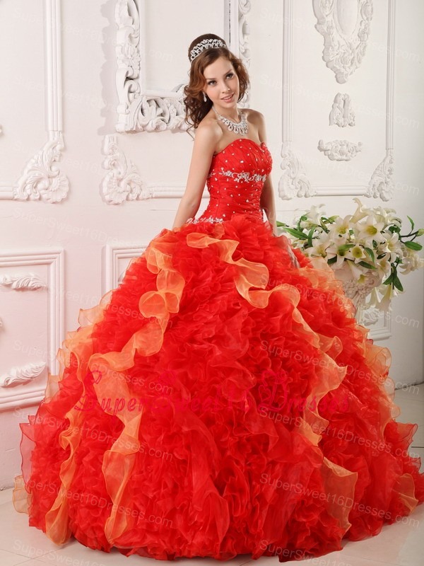 Discount Red Sweet 16 Dress Sweetheart Organza Appliques and Beading Ball Gown