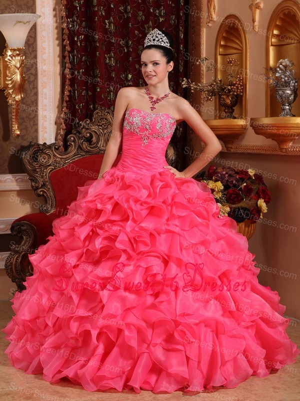 Informal Watermelon Sweet 16 Dress Strapless Organza Beading and Appliques Ball Gown