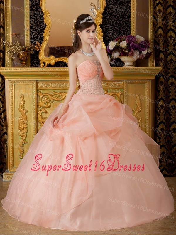 Romantic Baby Pink Sweet 16 Dress Strapless Organza Beading Ball Gown