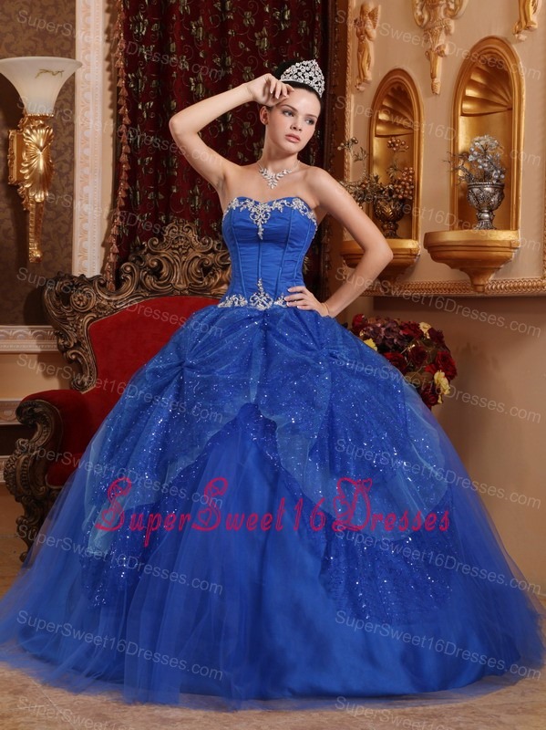 Affordable Blue Sweet 16 Dress Sweetheart Tulle Beading and Appliques Ball Gown