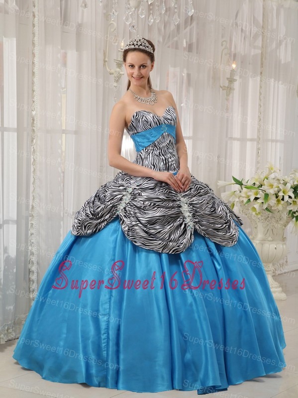Cheap Aqua Blue Sweet 16 Dress Sweetheart Taffeta and Zebra or Leopard Ruffles Ball Gown