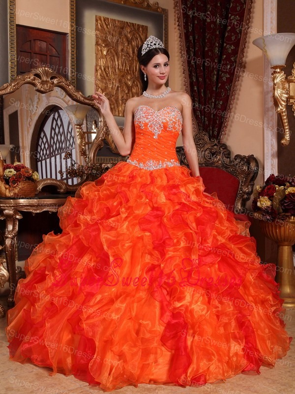 Discount Orange Sweet 16 Dress Sweetheart Organza Appliques and Beading Ball Gown