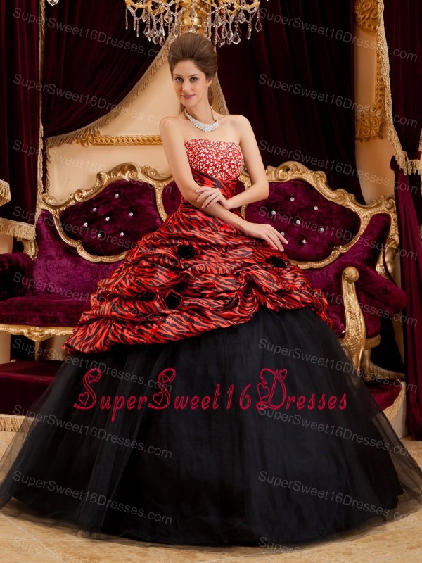 Exquisite Red and Black Sweet 16 Dress Strapless Zebra and Tulle Hand Made Flowers Ball Gown