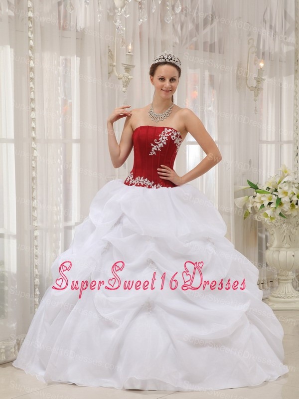 Informal White and Wine Red Sweet 16 Dress Strapless Taffeta and Organza Appliques Ball Gown