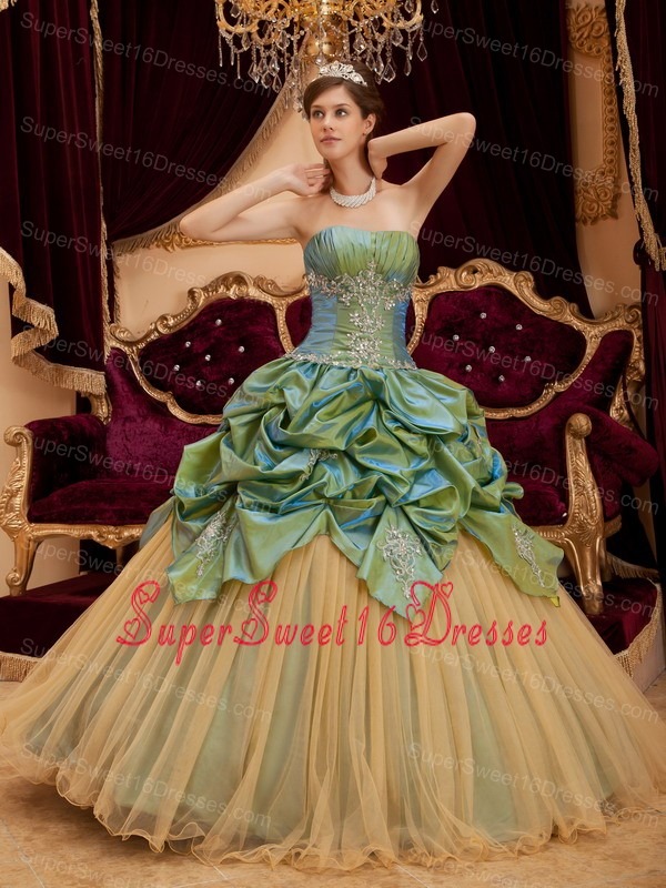 Remarkable Olive Green Sweet 16 Dress Strapless Taffeta and Tulle Beading Ball Gown