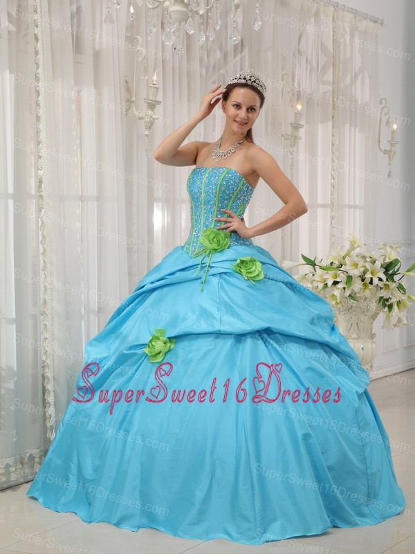 Romantic Baby Blue Sweet 16 Dress Strapless Taffeta Beading and Hand Flowers Ball Gown