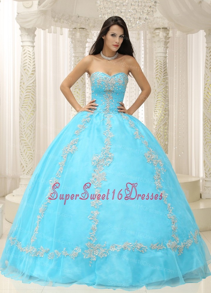 Aqua Blue Sweetheart Appliques and Beaded Decorate For 2013 Sweet 16 Dress