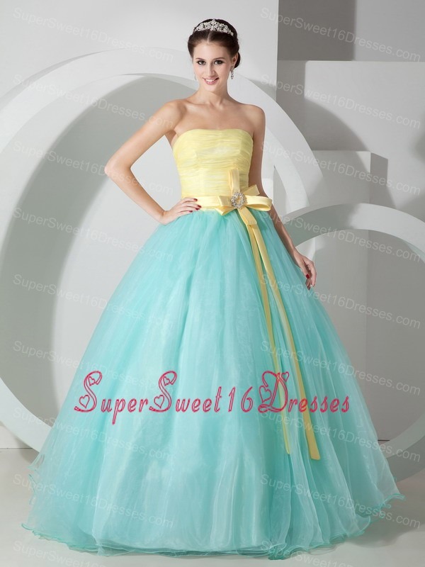Baby Blue and Yellow Ball Gown Strapless Quinceanea Dress Organza Sash and Ruch Floor-length