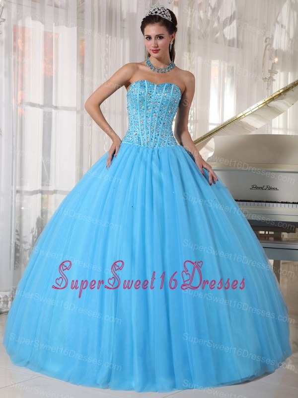 Beautiful Sky Blue Sweet 16 Dress Sweetheart Tulle Beading Ball Gown
