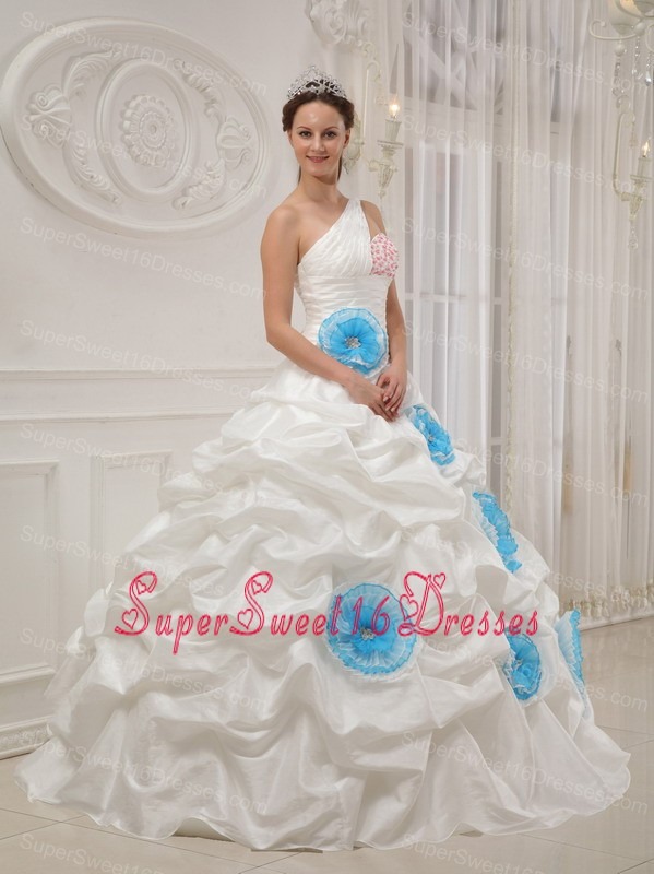 Beautiful White Sweet 16 Dress One Shoulder Taffeta Beading and Hand Flowers Ball Gown