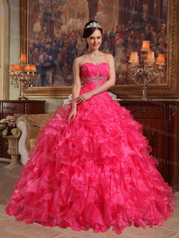 Cute Hot Pink Sweet 16 Quinceanera Dress Sweetheart Organza Beading Ball Gown