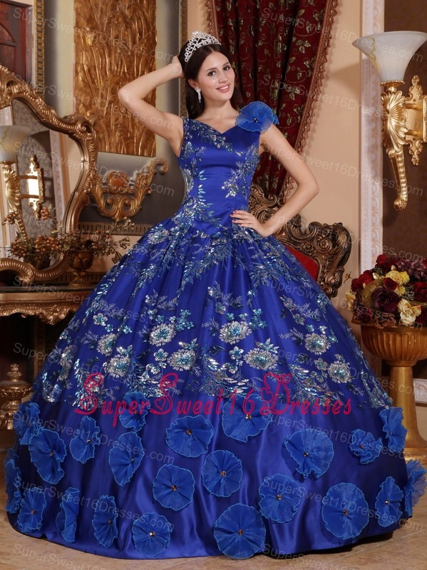Exquisite Blue Sweet 16 Dress V-neck Satin Beading and Appliques Ball Gown