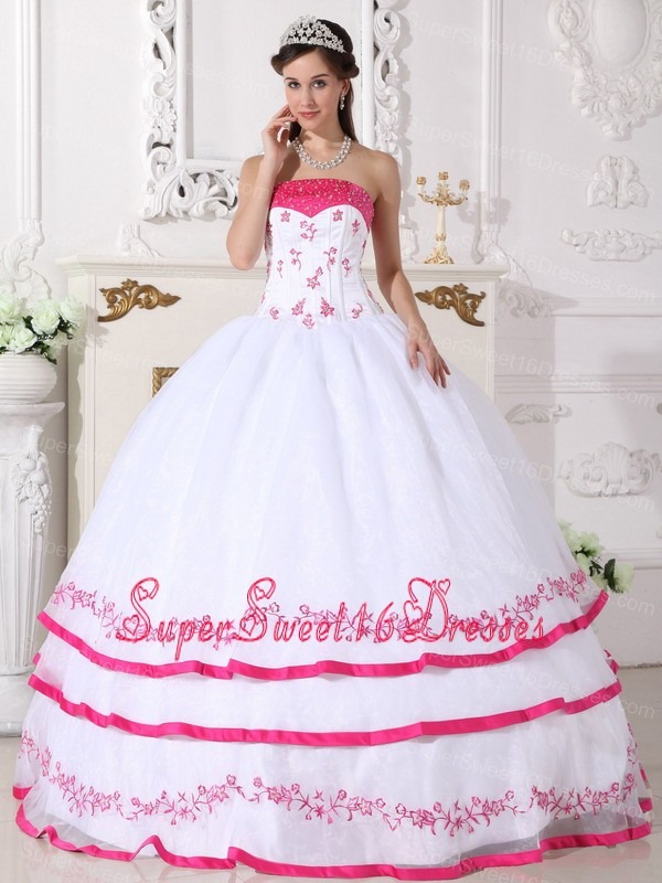 Impression White and Hot Pink Sweet 16 Dress Strapless Organza Beading and Embroidery Ball Gown