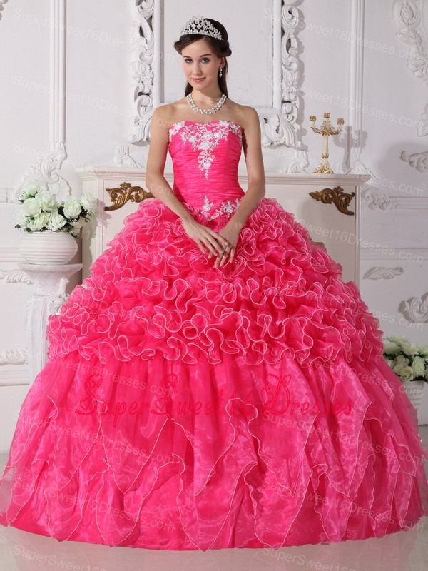 Modest Hot Pink Sweet 16 Dress Strapless Organza Embroidery with Beading Ball Gown