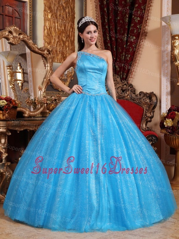 2013 One Shoulder Baby Blue Tulle Taffeta Beading Sweet 16 Quinceanera ...