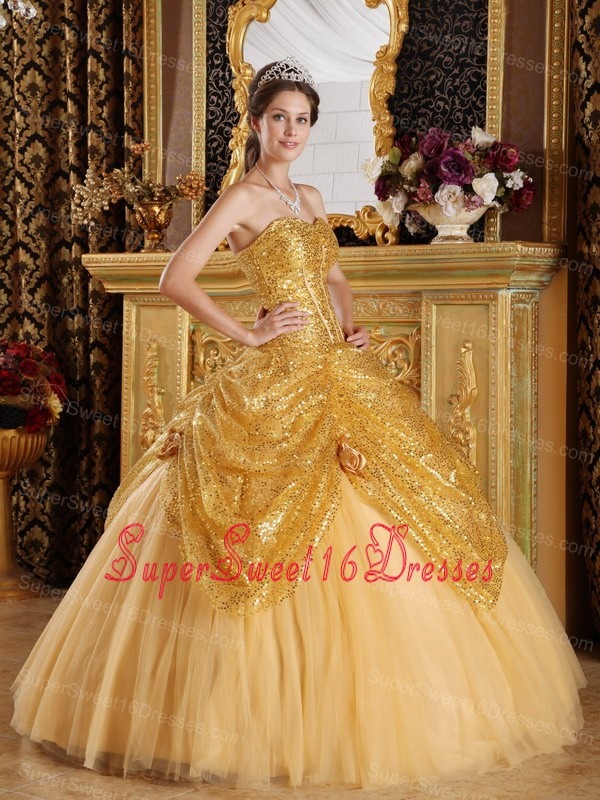 New Gold Sweet 16 Dress Sweetheart Sequined and Tulle Handle Flowers Ball Gown