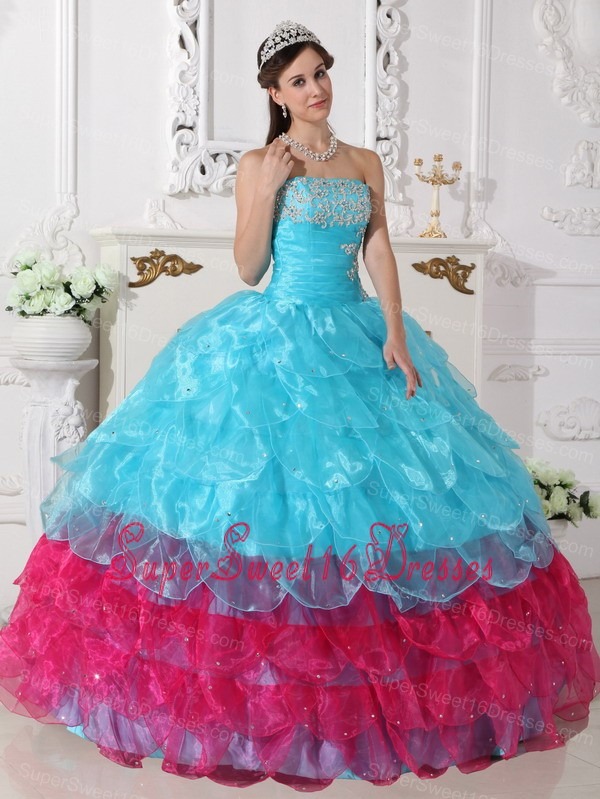 Popular Aqua Blue and Hot Pink Sweet 16 Dress Strapless Organza Appliques Ball Gown