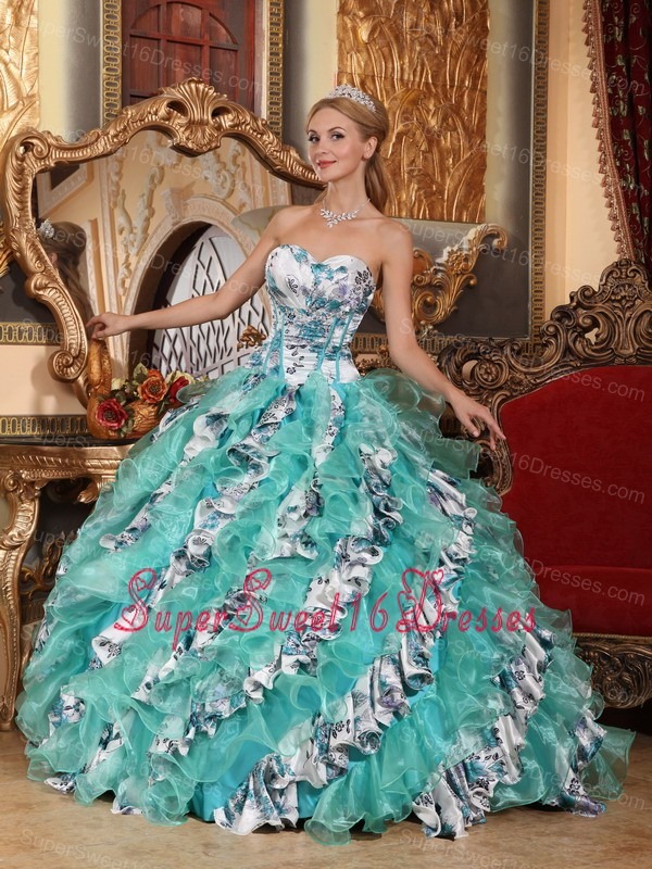 Romantic Multi-color Sweet 16 Dress Ball Gown Sweetheart Organza Printing Ball Gown