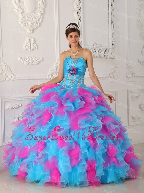 Sweet Multi-color Sweet 16 Dress Strapless Organza Appliques and Hand Flower Ball Gown