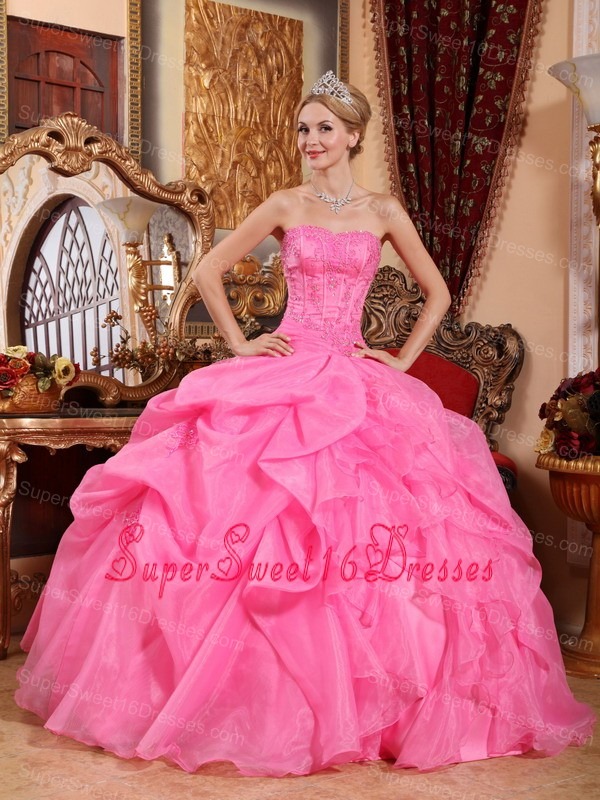 Wonderful Rose Pink Sweet 16 Dress Strapless Organza Appliques Ball Gown