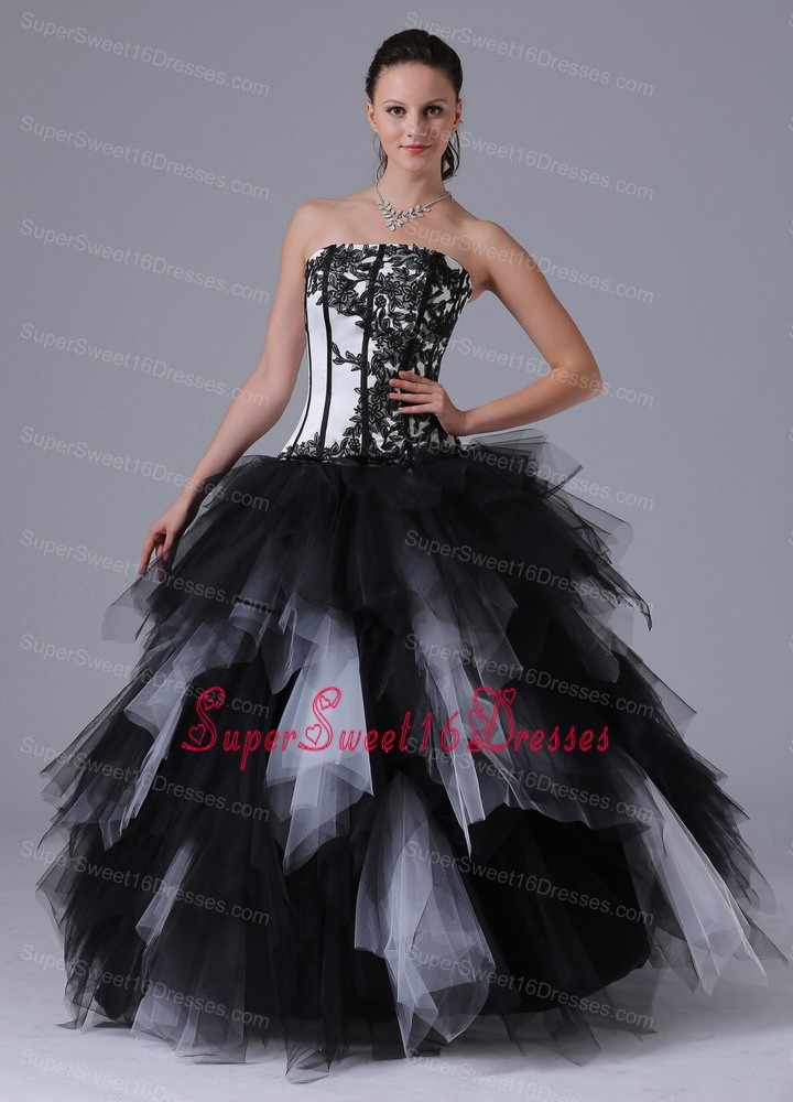 Black and White Romantic Ball Gown Ruffles Sweet 16 Dress With Embroidery Floor-length 2013