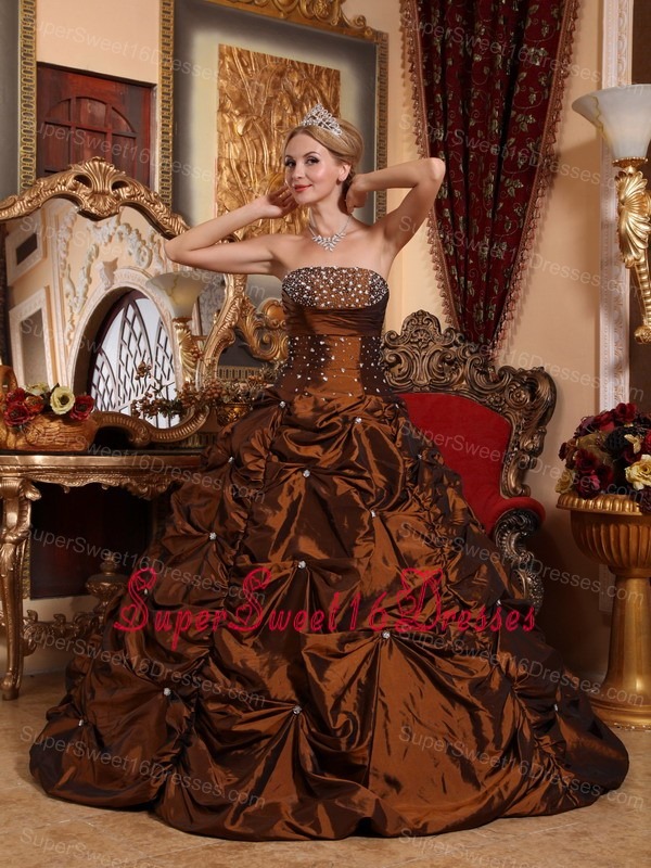 Fashionable Brown Sweet 16 Quinceanera Dress Strapless Taffeta Beading 