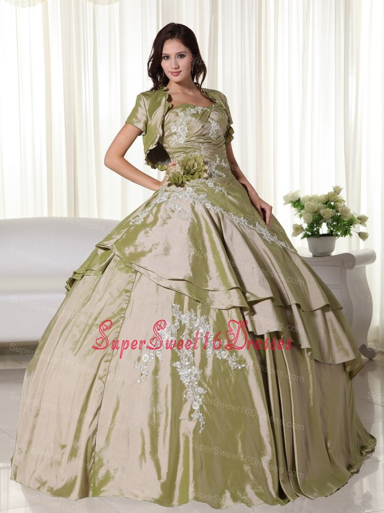 Olive Green Ball Gown Strapless Floor-length Taffeta Appliques Sweet 16 Dress