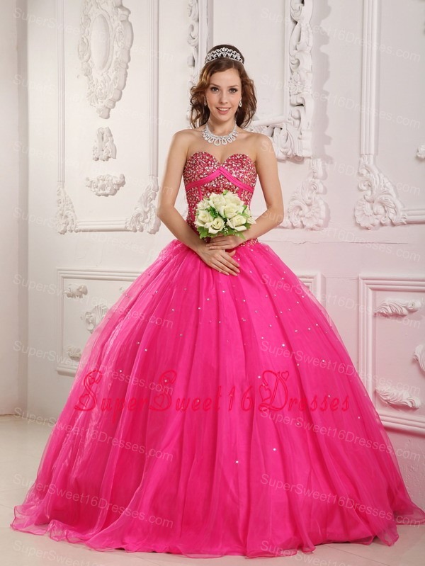 Popular Hot Pink Sweet 16 Dress Sweetheart Satin and Organza Beading A-Line / Princess