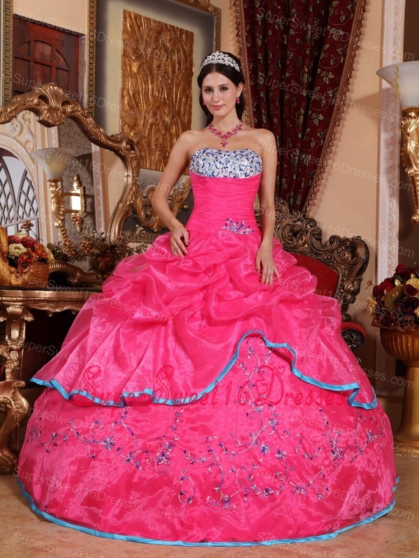 Pretty Hot Pink Sweet 16 Dress Strapless Organza Appliques Ball Gown