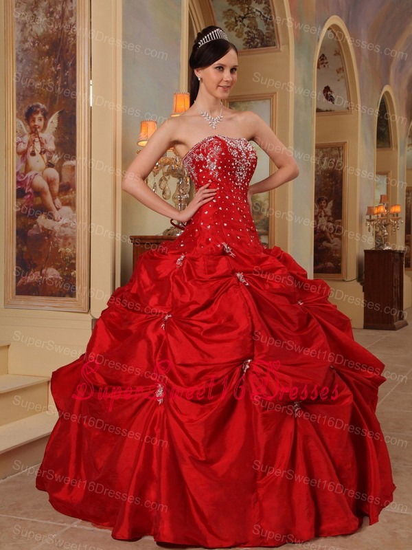 Affordable Red Sweet 16 Dress Strapless Taffeta Beading and Embroidery Ball Gown