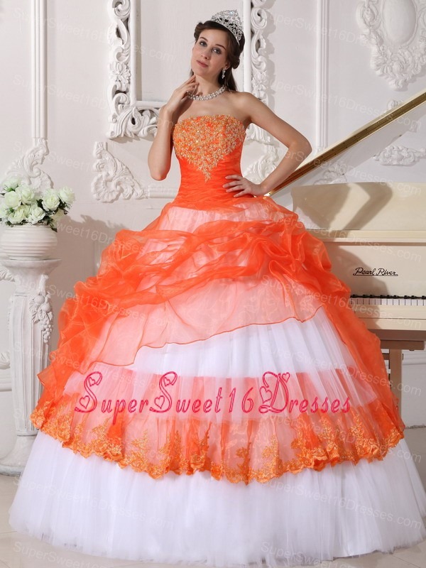 Beautiful Orange and White Sweet 16 Dress StraplessTaffeta and Organza Appliques Ball Gown